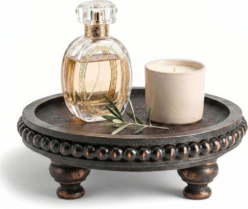 EOSAHR Round Pine Wooden Riser for Home Decor - Beaded Decorative Tray for Coffee Table - Wood Riser for Small Plant Stand & Sink Sponge Holder, Perfume Display Stand (Green) in Saudi Arabia