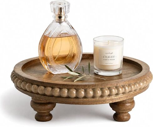 EOSAHR Round Pine Wooden Riser for Home Decor - Beaded Decorative Tray for Coffee Table - Wood Riser for Small Plant Stand & Sink Sponge Holder, Perfume Display Stand (Green) in Saudi Arabia