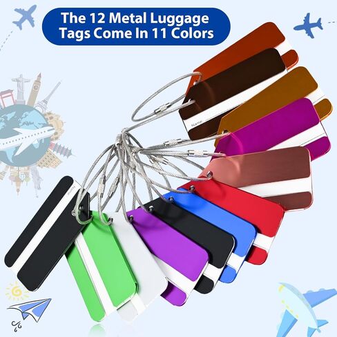 12 Pieces Travel Luggage Tags Aluminum Metal Travel ID Bag Tag Stainless Steel Loop Suitcase Tags with Name Card Suitable for Suitcases Travel Luggage Baggage Identifier in Saudi Arabia
