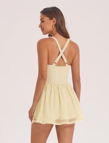 AGYMNX Women's Spaghetti Straps Tennis Dress Ruffle Mesh Cami Dress with Liner Golf Dress Athletic Workout Dresses in Kuwait