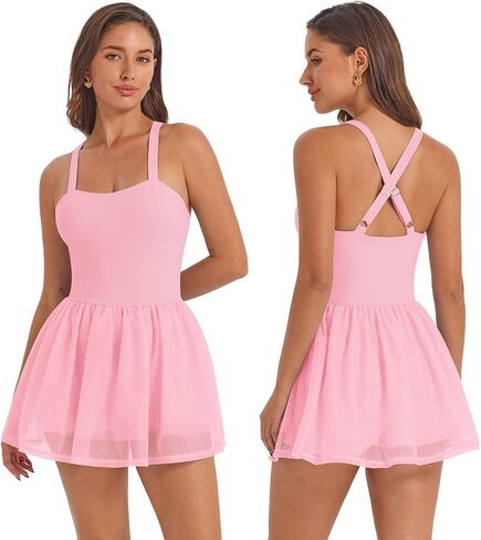 AGYMNX Women's Spaghetti Straps Tennis Dress Ruffle Mesh Cami Dress with Liner Golf Dress Athletic Workout Dresses in Kuwait