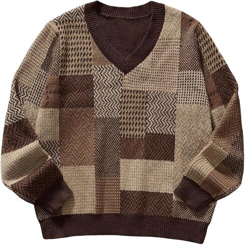 SHENHE Men's Vintage Sweater Plaid V Neck Long Sleeve Drop Shoulder Knit Western Pullover Top Fall Sweater in Kuwait