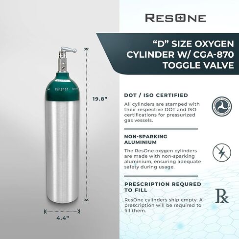أسطوانة الأكسجين الطبي المحمولة من الألومنيوم من ResOne، مقاس D، مع صمام تبديل CGA-870 للاستخدام الطبي - بدون شرارة، قبة خضراء، لمسة نهائية مصقولة، 14.3 قدم مكعب، السفن فارغة، مطلوب وصفة طبية لملءها in Kuwait