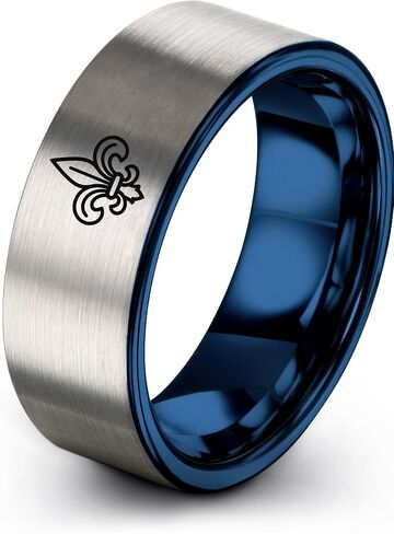 خاتم تاج Fleur De Lis - هدية لعشاق الملوك - الفرقة - ذكرى الزفاف - الرجال والنساء - التنغستن - الذهب الأصفر الأسود الفضي الأزرق - نقش مخصص مخصص - 8 مم - مصقول مصقول - قبة مسطحة in Kuwait