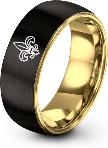 خاتم تاج Fleur De Lis - هدية لعشاق الملوك - الفرقة - ذكرى الزفاف - الرجال والنساء - التنغستن - الذهب الأصفر الأسود الفضي الأزرق - نقش مخصص مخصص - 8 مم - مصقول مصقول - قبة مسطحة in Kuwait