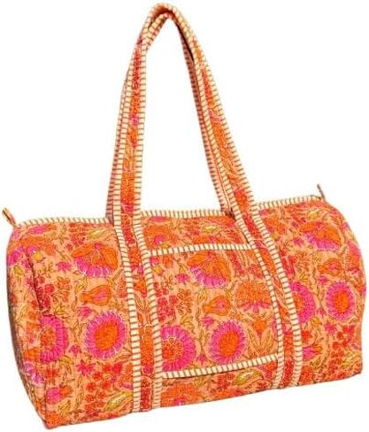 Large Orange Pink Cotton Quilted Duffle Bags Block Print Gifts Handmade Colorful Travel Night Travel Gym Yoga Luggage Pocket 18X9X9 inches in Saudi Arabia
