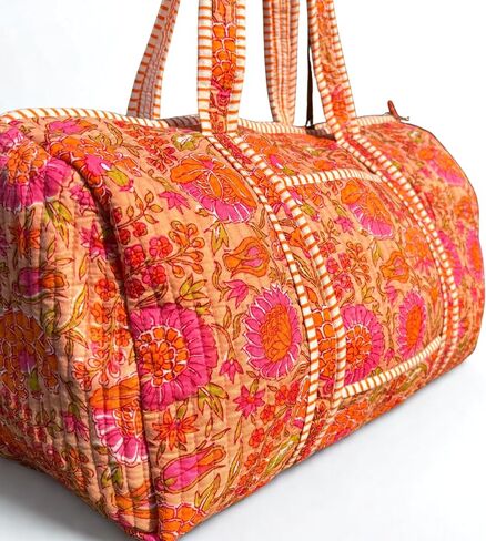 Large Orange Pink Cotton Quilted Duffle Bags Block Print Gifts Handmade Colorful Travel Night Travel Gym Yoga Luggage Pocket 18X9X9 inches in Saudi Arabia