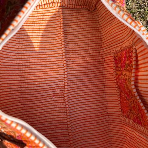 Large Orange Pink Cotton Quilted Duffle Bags Block Print Gifts Handmade Colorful Travel Night Travel Gym Yoga Luggage Pocket 18X9X9 inches in Saudi Arabia