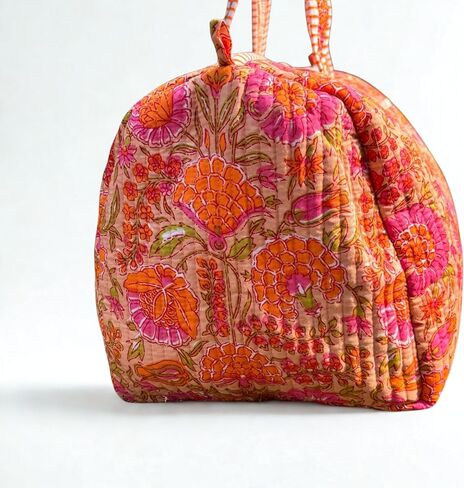 Large Orange Pink Cotton Quilted Duffle Bags Block Print Gifts Handmade Colorful Travel Night Travel Gym Yoga Luggage Pocket 18X9X9 inches in Saudi Arabia