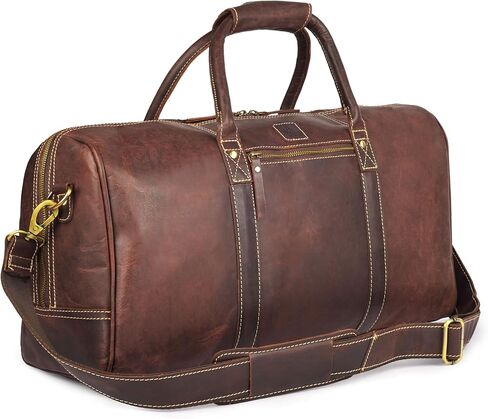 Genuine Leather Duffle Bag for Men & Women – Stylish Travel Weekender Bag with Shoulder Strap – Overnight, Gym, or Carry-On Luggage Bag - Mulburry Brown in Saudi Arabia