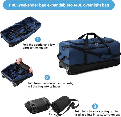 Vomgomfom Wheeled Collapsible Duffel Bag,110L-140L Expandable Checked Luggage, No-Telescopic-Handle with Anti-Burst Zipper & Reinforced Frame,Navy in Saudi Arabia