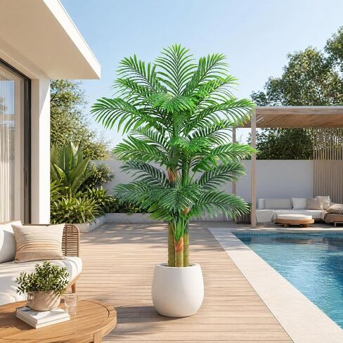 5FT Artificial Golden Cane Palm Tree, UV Resistant Faux Palm Plant with Realistic Trunks and Lush Tropical Leaves, Fake Indoor Outdoor Tree in White Planter for Living Room Patio Office Decor in Kuwait