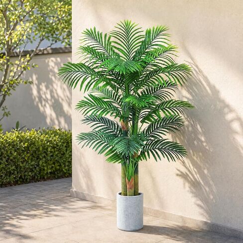 5FT Artificial Golden Cane Palm Tree, UV Resistant Faux Palm Plant with Realistic Trunks and Lush Tropical Leaves, Fake Indoor Outdoor Tree in White Planter for Living Room Patio Office Decor in Kuwait