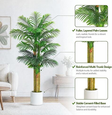 5FT Artificial Golden Cane Palm Tree, UV Resistant Faux Palm Plant with Realistic Trunks and Lush Tropical Leaves, Fake Indoor Outdoor Tree in White Planter for Living Room Patio Office Decor in Kuwait