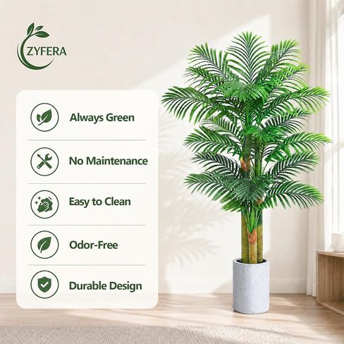 5FT Artificial Golden Cane Palm Tree, UV Resistant Faux Palm Plant with Realistic Trunks and Lush Tropical Leaves, Fake Indoor Outdoor Tree in White Planter for Living Room Patio Office Decor in Kuwait