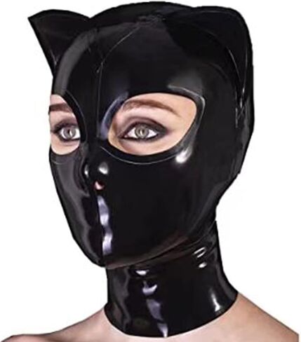 Black Latex Hood with Cat Ears Back Zipper Open Eyes Nose Rubber Mask Cosplay Club Wear Costume in Saudi Arabia