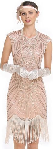 Sleeveless Round Neck Sequin Beaded Dance Dress with Fringe Hem, 1920s Vintage Style Performance Dress in Kuwait