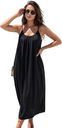 Womens Spaghetti Strap Maxi Dress Adjustable Strap Backless Pleated Vacation Ready Beach Pool Party in Kuwait