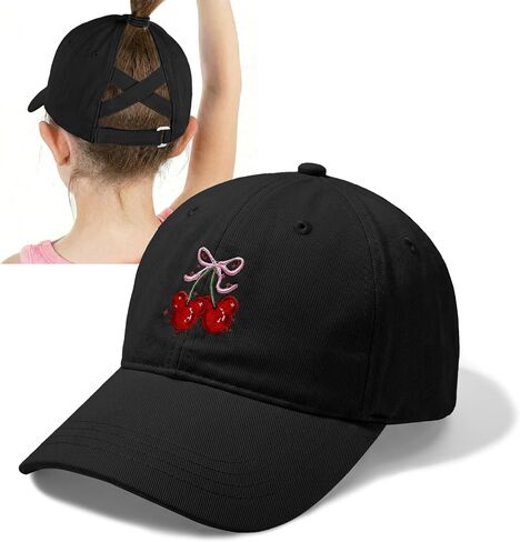 Girls Baseball Cap Kids Cherry Bow Graphic Ponytail Hat Trucker Pony Hats Cute Adjustable Criss Cross Caps in Saudi Arabia
