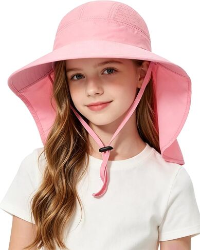 Kids Sun Hat with Neck Flap Wide Brim Ponytail Hole Fishing Hat Summer UV Protection Beach Bucket Hats for Girls Boys in Kuwait