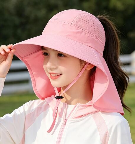 Kids Sun Hat with Neck Flap Wide Brim Ponytail Hole Fishing Hat Summer UV Protection Beach Bucket Hats for Girls Boys in Kuwait