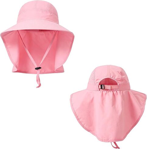 Kids Sun Hat with Neck Flap Wide Brim Ponytail Hole Fishing Hat Summer UV Protection Beach Bucket Hats for Girls Boys in Kuwait