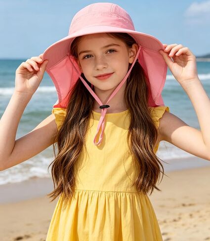 Kids Sun Hat with Neck Flap Wide Brim Ponytail Hole Fishing Hat Summer UV Protection Beach Bucket Hats for Girls Boys in Kuwait