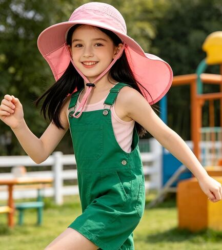 Kids Sun Hat with Neck Flap Wide Brim Ponytail Hole Fishing Hat Summer UV Protection Beach Bucket Hats for Girls Boys in Kuwait