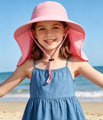 Kids Sun Hat with Neck Flap Wide Brim Ponytail Hole Fishing Hat Summer UV Protection Beach Bucket Hats for Girls Boys in Kuwait