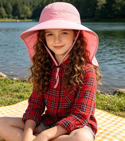 Kids Sun Hat with Neck Flap Wide Brim Ponytail Hole Fishing Hat Summer UV Protection Beach Bucket Hats for Girls Boys in Kuwait