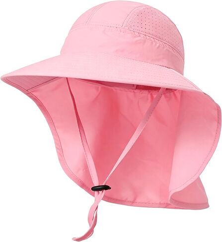 Kids Sun Hat with Neck Flap Wide Brim Ponytail Hole Fishing Hat Summer UV Protection Beach Bucket Hats for Girls Boys in Kuwait