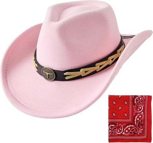 Jastore Kids Girls Boys Cowboy Hat Wide Brim Western Cowgirl Hat with Buckle Belt with Cowboy Red Bandanas in Kuwait
