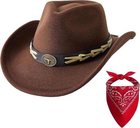 Jastore Kids Girls Boys Cowboy Hat Wide Brim Western Cowgirl Hat with Buckle Belt with Cowboy Red Bandanas in Kuwait