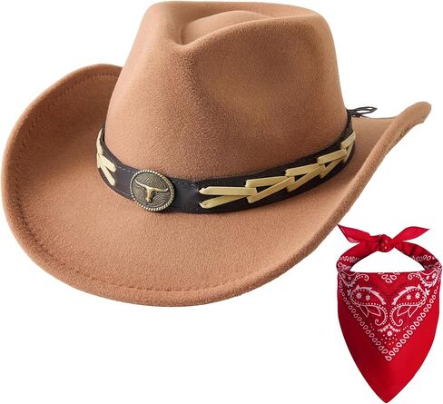 Jastore Kids Girls Boys Cowboy Hat Wide Brim Western Cowgirl Hat with Buckle Belt with Cowboy Red Bandanas in Kuwait