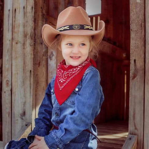 Jastore Kids Girls Boys Cowboy Hat Wide Brim Western Cowgirl Hat with Buckle Belt with Cowboy Red Bandanas in Kuwait