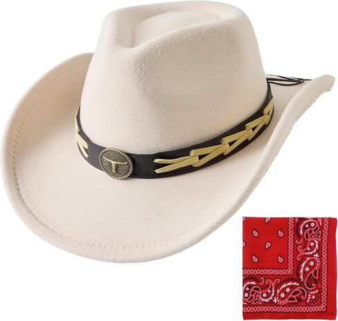 Jastore Kids Girls Boys Cowboy Hat Wide Brim Western Cowgirl Hat with Buckle Belt with Cowboy Red Bandanas in Kuwait