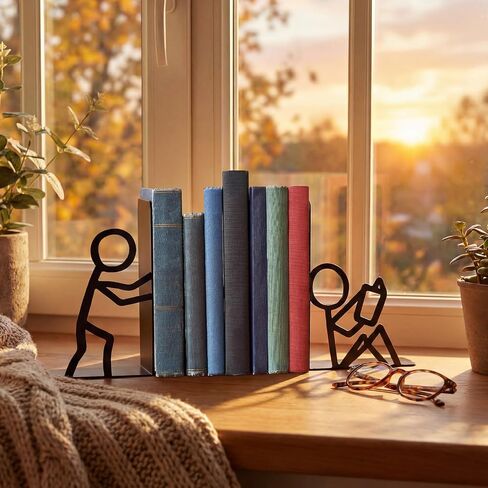 Domensi 4 Pcs Metal Bookends People Bookends Decorative Bookshelf Decor for Book Lovers Gifts Cute Book Ends for Shelves Bookshelf Home Office Desk Reading Decor in Kuwait