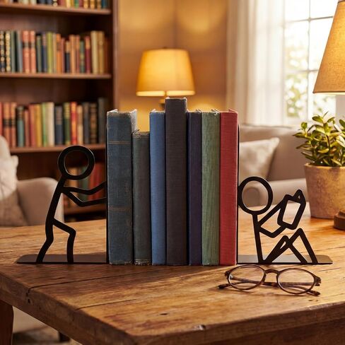 Domensi 4 Pcs Metal Bookends People Bookends Decorative Bookshelf Decor for Book Lovers Gifts Cute Book Ends for Shelves Bookshelf Home Office Desk Reading Decor in Kuwait