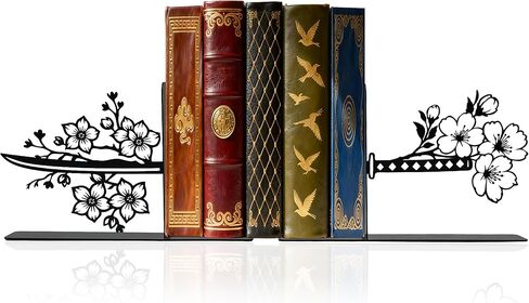 Samurai Katana Bookends – Metal Book Ends for Shelves, Cute Book Ends with Cherry Blossom Design, Unique Book Holders and Book Stopper, Anime Decor and Gifts for Men in Saudi Arabia