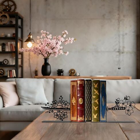 Samurai Katana Bookends – Metal Book Ends for Shelves, Cute Book Ends with Cherry Blossom Design, Unique Book Holders and Book Stopper, Anime Decor and Gifts for Men in Saudi Arabia