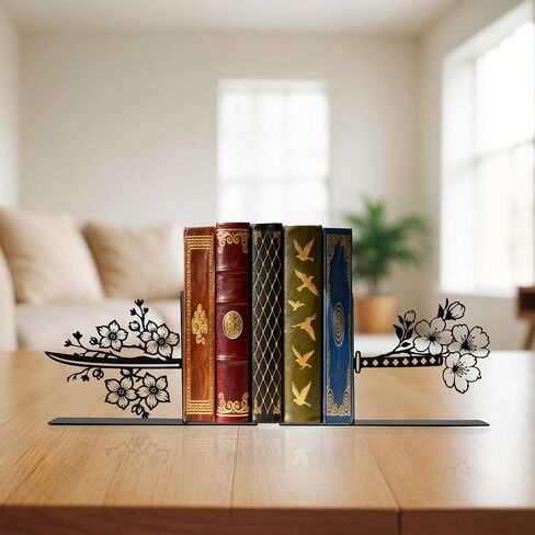 Samurai Katana Bookends – Metal Book Ends for Shelves, Cute Book Ends with Cherry Blossom Design, Unique Book Holders and Book Stopper, Anime Decor and Gifts for Men in Saudi Arabia