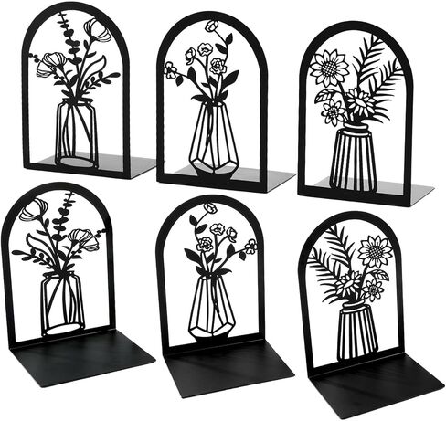 Metal Book Ends 3 Pairs, Metal Bookends for Shelves Decorative, Flower Book Stopper for Heavy Books, Black Ends to Hold Books Stand for Home Office, 6.7x4.7x3.5 Inch(6 Pcs, Large) in Saudi Arabia
