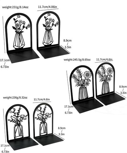 Metal Book Ends 3 Pairs, Metal Bookends for Shelves Decorative, Flower Book Stopper for Heavy Books, Black Ends to Hold Books Stand for Home Office, 6.7x4.7x3.5 Inch(6 Pcs, Large) in Saudi Arabia