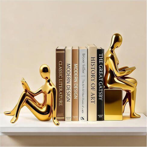 Decorative Bookends Set, Ceramic Book Ends for Shelves, Home Office Aesthetic Book Stopper, Reading Book Holder Statues for Bookshelf Bedroom Living Room Decor (Gold) in Saudi Arabia