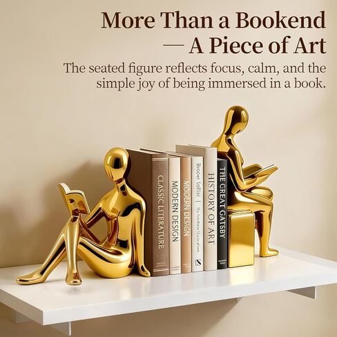 Decorative Bookends Set, Ceramic Book Ends for Shelves, Home Office Aesthetic Book Stopper, Reading Book Holder Statues for Bookshelf Bedroom Living Room Decor (Gold) in Saudi Arabia