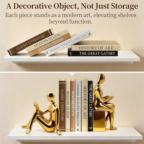 Decorative Bookends Set, Ceramic Book Ends for Shelves, Home Office Aesthetic Book Stopper, Reading Book Holder Statues for Bookshelf Bedroom Living Room Decor (Gold) in Saudi Arabia