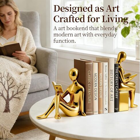 Decorative Bookends Set, Ceramic Book Ends for Shelves, Home Office Aesthetic Book Stopper, Reading Book Holder Statues for Bookshelf Bedroom Living Room Decor (Gold) in Saudi Arabia