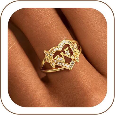 ZOERAY Initial Gold Rings for Women Non Tarnish Dainty 14K Gold Plated Vintage Statement Heart Ring Cute Letter A-Z Carved Cubic Zirconia Stackable Thumb Rings Size 6-10 Personalized Jewelry Gifts in Saudi Arabia