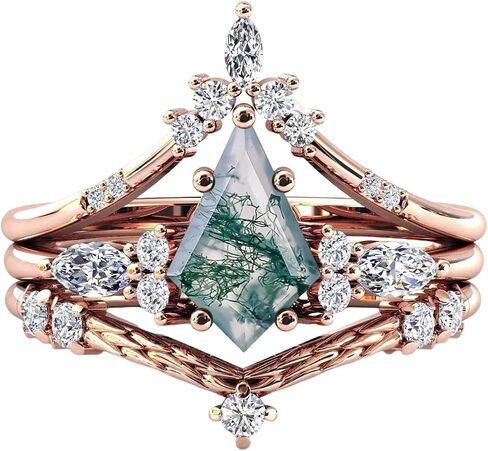 Natural Moss Agate Rings for Women Kite Cut Sterling Silver Moss Agate Stackable Ring for Women Wife, Optional 4 Colors (Rose/Yellow/White/Black), Ring Size 4-11 in Saudi Arabia