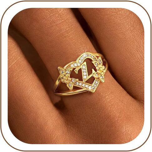 ZOERAY Initial Gold Rings for Women Non Tarnish Dainty 14K Gold Plated Vintage Statement Heart Ring Cute Letter A-Z Carved Cubic Zirconia Stackable Thumb Rings Size 6-10 Personalized Jewelry Gifts in Saudi Arabia